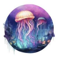 AI generated Jellyfish in an underwater landscape in a circle. AI Generated photo