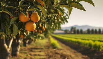 AI generated An orange tree is in the foreground with a farm field background. Generative AI photo