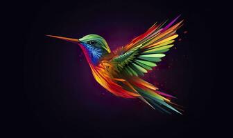 AI generated hummingbird logo with multiple colors flying through the air.  AI Generated photo