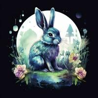 AI generated Watercolor Rabbit and Glowing Moon for T-shirt Design. AI Generated photo