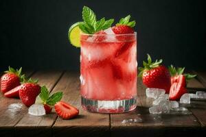 AI generated Fresh strawberry mojito with ice cubes. Pro Photo