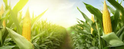 AI generated Closeup corn cobs in corn plantation field. Generative AI photo