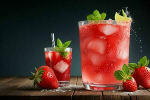 AI generated Fresh strawberry mojito with ice cubes. Pro Photo