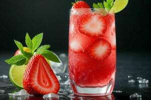 AI generated Fresh strawberry mojito with ice cubes. Pro Photo