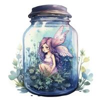 AI generated Watercolor Fantasy Pastel Goth Tiny Fairy in a Jar. AI Generated photo
