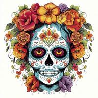 AI generated Woman sugar skull with beautiful colored flowers on white background. AI Generated photo
