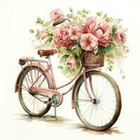 AI generated Watercolor bicycle with flowers in the basket isolated on white background.  AI Generated photo
