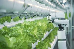 AI generated Automatic Agricultural Technology With Close-up View Of Robotic Arm Harvesting Lettuce In Vertical Hydroponic Plant. AI Generated photo