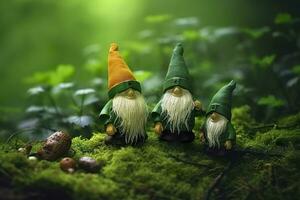 AI generated Toy Irish gnomes in a mystery forest, abstract green natural background. Generative AI photo