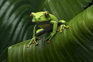 AI generated Tree Frog sitting on plant. AI Generated photo