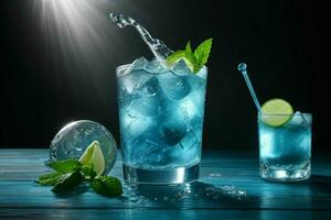 AI generated Blue Lagoon mojito with ice cubes. Pro Photo