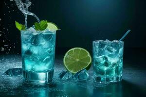 ai generado azul laguna mojito con hielo cubitos. Pro foto