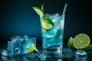 ai generado azul laguna mojito con hielo cubitos. Pro foto