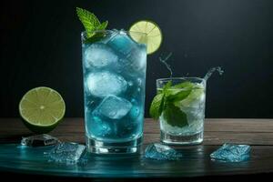 AI generated Blue Lagoon mojito with ice cubes. Pro Photo