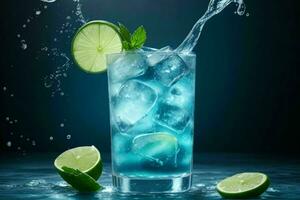 AI generated Blue Lagoon mojito with ice cubes. Pro Photo