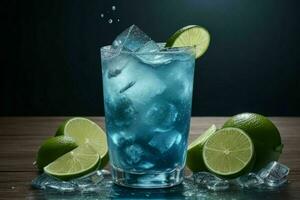 AI generated Blue Lagoon mojito with ice cubes. Pro Photo