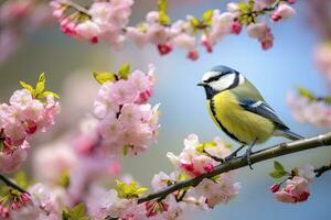 ai generado un bluetit pájaro descansando en el rama de un árbol. ai generado. foto