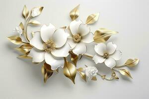AI generated 3d gold flowers white backgroung. AI Generated photo