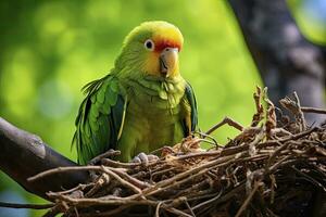 AI generated A green parrot on a branch. AI Generated photo