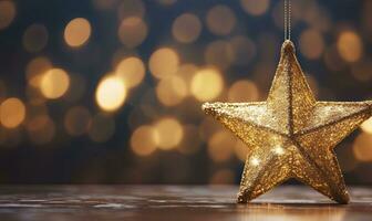 AI generated Sparkling Golden Christmas Star. Ornament Decoration Defocused Bokeh Background. AI Generated photo