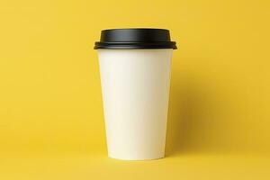 AI generated Blank coffee cup isolated on yellow background. AI Generated photo