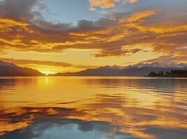 ai generado brillante puesta de sol terminado lago dorado nubes reflejar en el agua. ai generado. foto