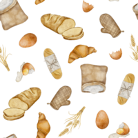 Seamless pattern with flour sack, potholder, baguette, bunch of spikelets of wheat, the broken shell of a chicken egg and sliced fresh bread and croissant. Hand drawn watercolor illustration. png