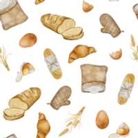 sömlös mönster med mjöl säck, grytlapp, baguette, knippa av spikelets av vete, de bruten skal av en kyckling ägg och skivad färsk bröd och croissant. hand dragen vattenfärg illustration. png