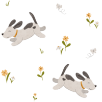 Seamless minimal pattern with cute puppy, butterfly, simple daisy flowers. Endless dog and chamomile background in scandinavian style. Stylized floral digital illustration. Scandi repeating texture png