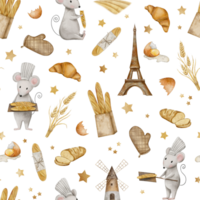 Seamless pattern with mouse chef, eggs, flour sack, croissant, Crispy French baguettes in craft bag with bunch of spikelets of wheat, rye, grains and sliced fresh bread, Eiffel tower, Windmill tower png