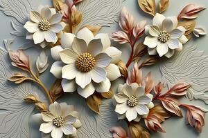 AI generated Elegant colorful 3d flowers with leaves on a tree illustration background. Generative AI photo