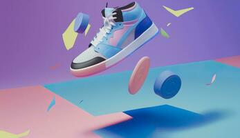 AI generated Flying trendy sneakers on creative colorful background, Stylish fashionable concept. AI Generated photo