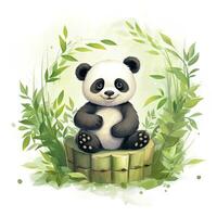 AI generated Cute panda in the middle of a bamboo forest. T-shirt design. AI Generated photo