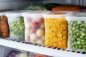 AI generated Frozen food in the freezer. Frozen vegetables. AI Generated photo