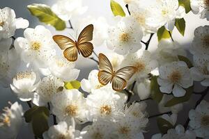 AI generated Goden butterflies with white flowers. AI Generated photo