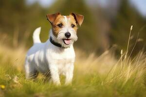 AI generated Happy jack russell terrier pet dog waiting, listening in the grass. AI Generated photo