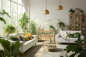 AI generated Interior of living room with sofas, tables, and houseplants. AI Generated photo