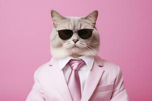 AI generated A cat is wearing sunglasses and suit on Pink Background. AI Generated photo