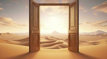 AI generated The opened door on the desert. Unknown and start up concept. AI Generated. photo