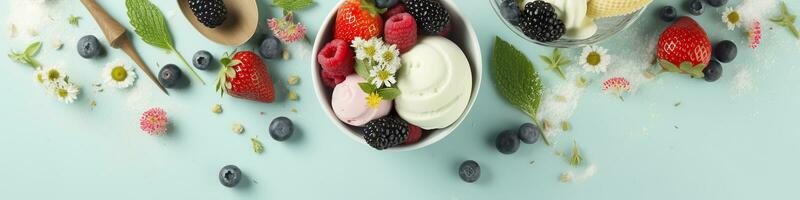 AI generated Scoops of Vanilla, mint leaves in a glass bowl, sprinkles, berries, and flowers. Generative AI photo