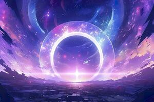 AI generated Portal to another world. Futuristic cosmic landscape with circle tunnel in starry sky. Generative AI photo