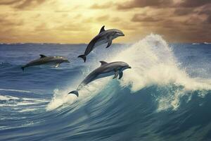 AI generated Playful dolphins jumping over breaking waves. Hawaii Pacific Ocean wildlife scenery. Generative AI photo