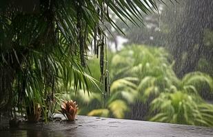 ai generado lluvia en el zona tropical durante el bajo temporada o monzón estación. gotas de lluvia en un jardín. generativo ai foto