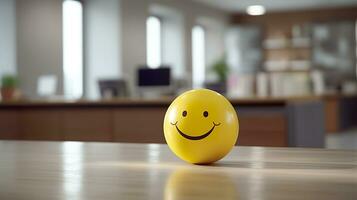 ai generado un amarillo sonriente pelota lata promover un positivo trabajo ambiente. generativo ai foto