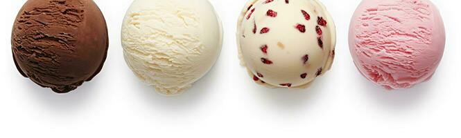 AI generated Set of four various ice cream balls or scoops isolated on white background. AI Generated photo