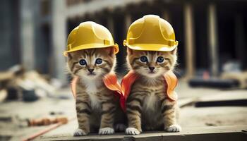 ai generado dos gatitos vistiendo difícil sombreros en un construcción sitio. generativo ai foto