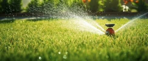 AI generated Automatic garden lawn sprinkler in action watering grass. AI Generated photo