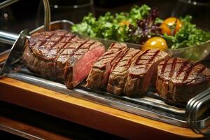 AI generated Steak rotisserie at the steakhouse, sliced picanha, Picanha. Generative AI photo