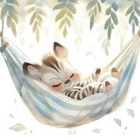 AI generated A sleepy baby zebra in a hammock. watercolor illustrations. AI Generated photo