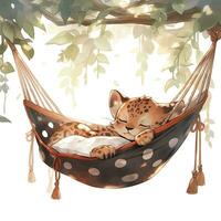 AI generated A sleepy baby leopard in a hammock. watercolor illustration. AI Generated photo
